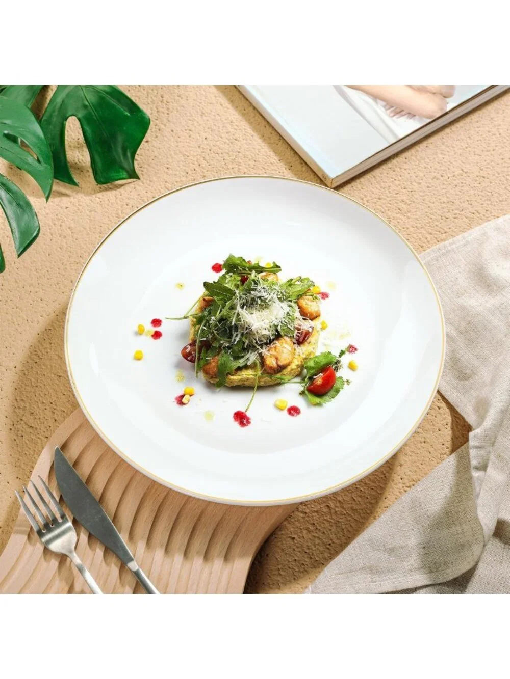 Elegant White Porcelain Dinner Plates Set of 6 with Gold Rim, 10.5